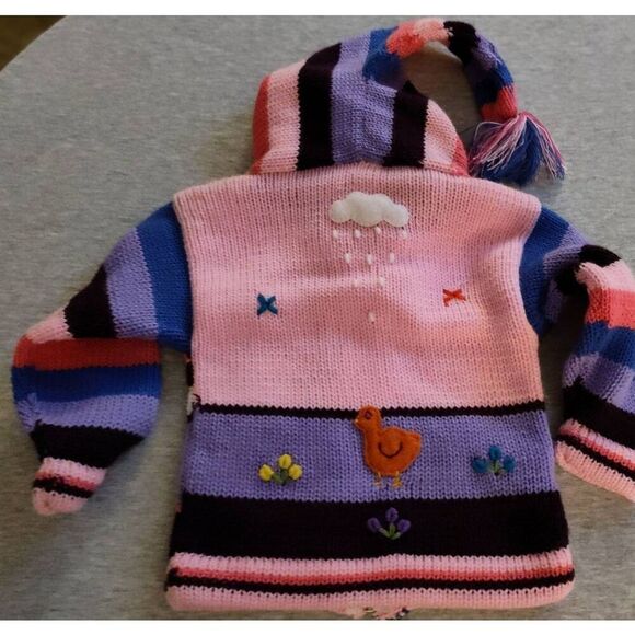 PERUVIAN HAND KNIT PATCHWORK HOODED ZIP UP PINK SWEATER NWT - Picture 2 of 11